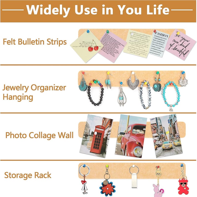 Arlasuo 5 Pack Felt Pin Board Bar Strips Bulletin Board for Bedrooms Offices Home Wall Decoration, Notice Board Self Adhesive Cork Board with 35 Push Pins for Paste Notes, Photos, Schedules (Peach) - Image 4